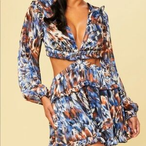 Cardi Blue Print Ruffle Romper Spring Dress